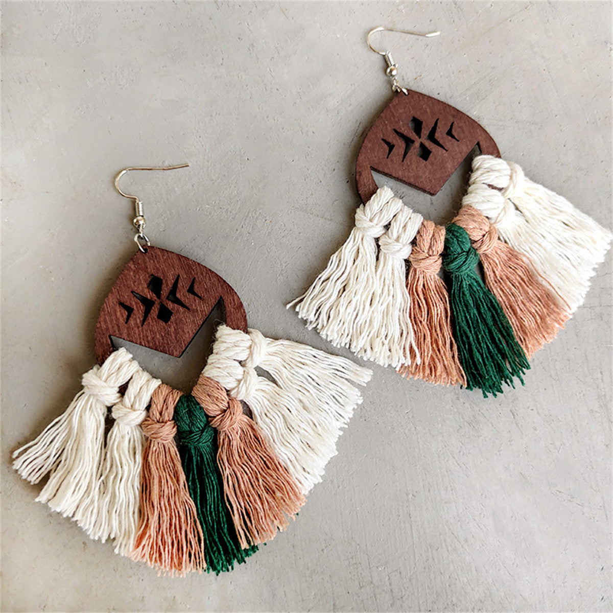 Green and Blush Tassel Etched Wood Drop Earrings, drop earrings for women, elegant gift for her, front view