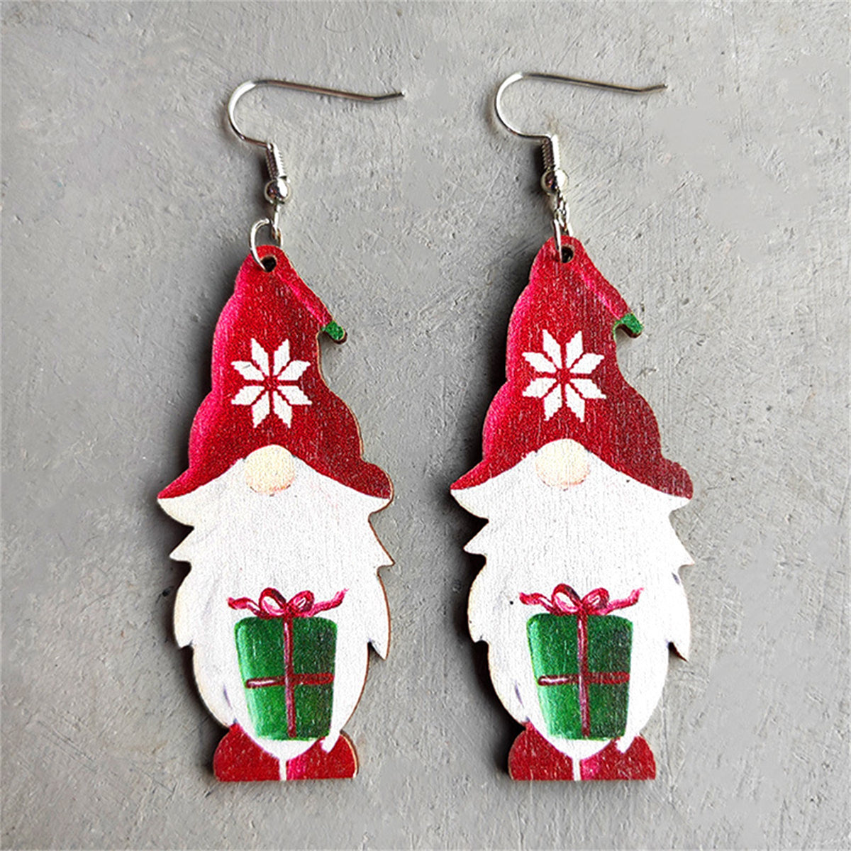 Red and White Wood Santa With Gift Drop Earrings, drop earrings for women, botanical inspired, front view