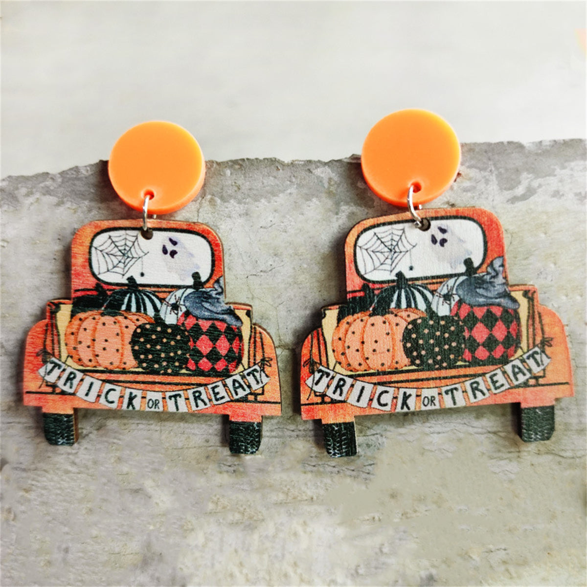Orange Pumpkin 'Trick Or Treat' Truck Drop Earrings, drop earrings for women, botanical inspired, front view