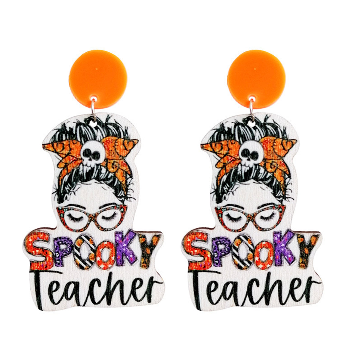 Orange and Purple Wood 'Spooky Teacher' Drop Earrings, drop earrings for women, botanical inspired, side view
