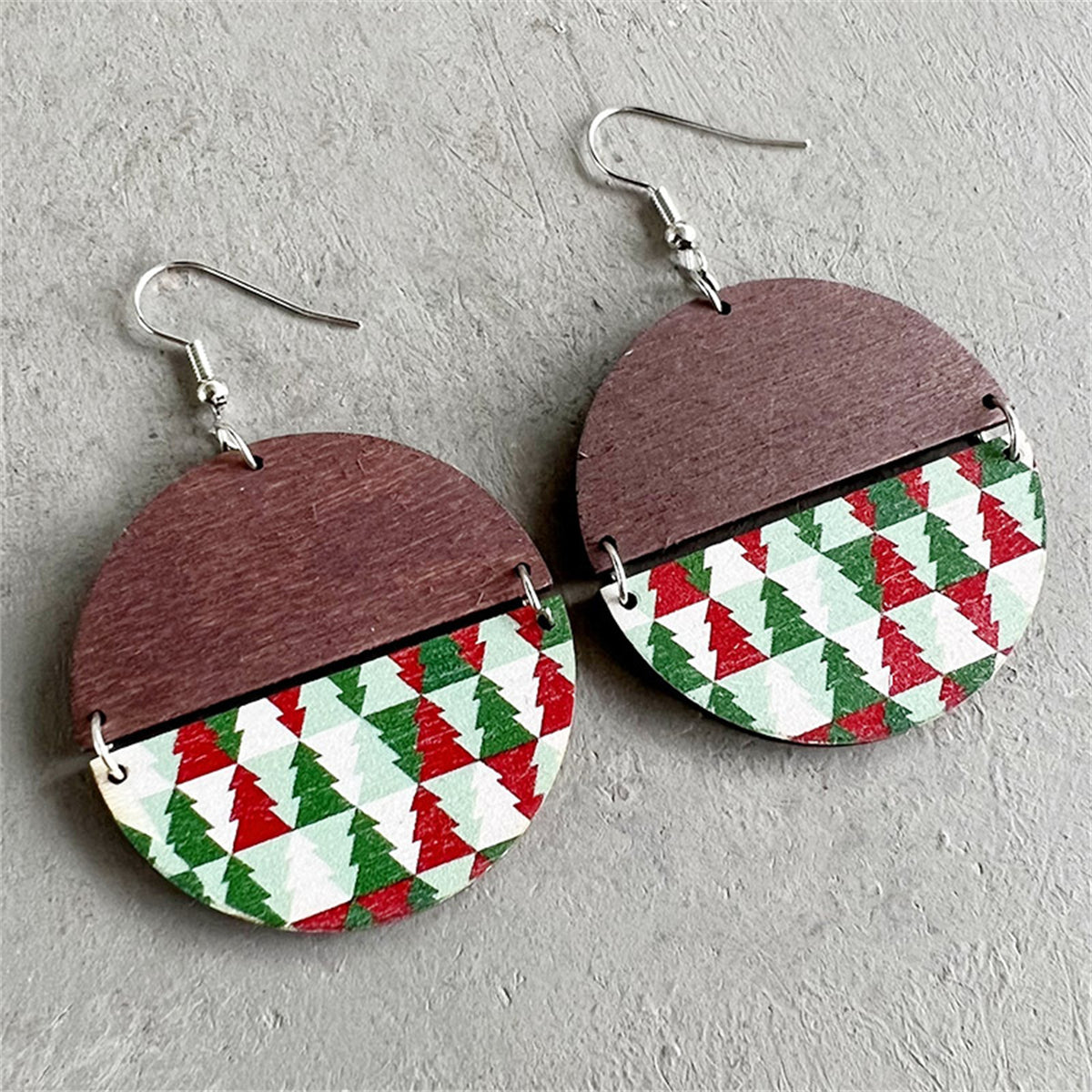 Brown and Red Trees Round Wood Drop Earrings, drop earrings for women, everyday style, front view