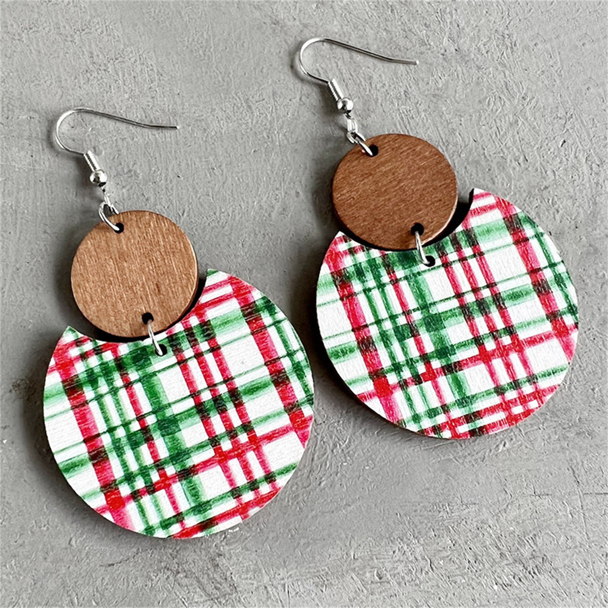 Brown and Red Plaid Double-Disc Wood Drop Earrings, drop earrings for women, elegant gift for her, front view