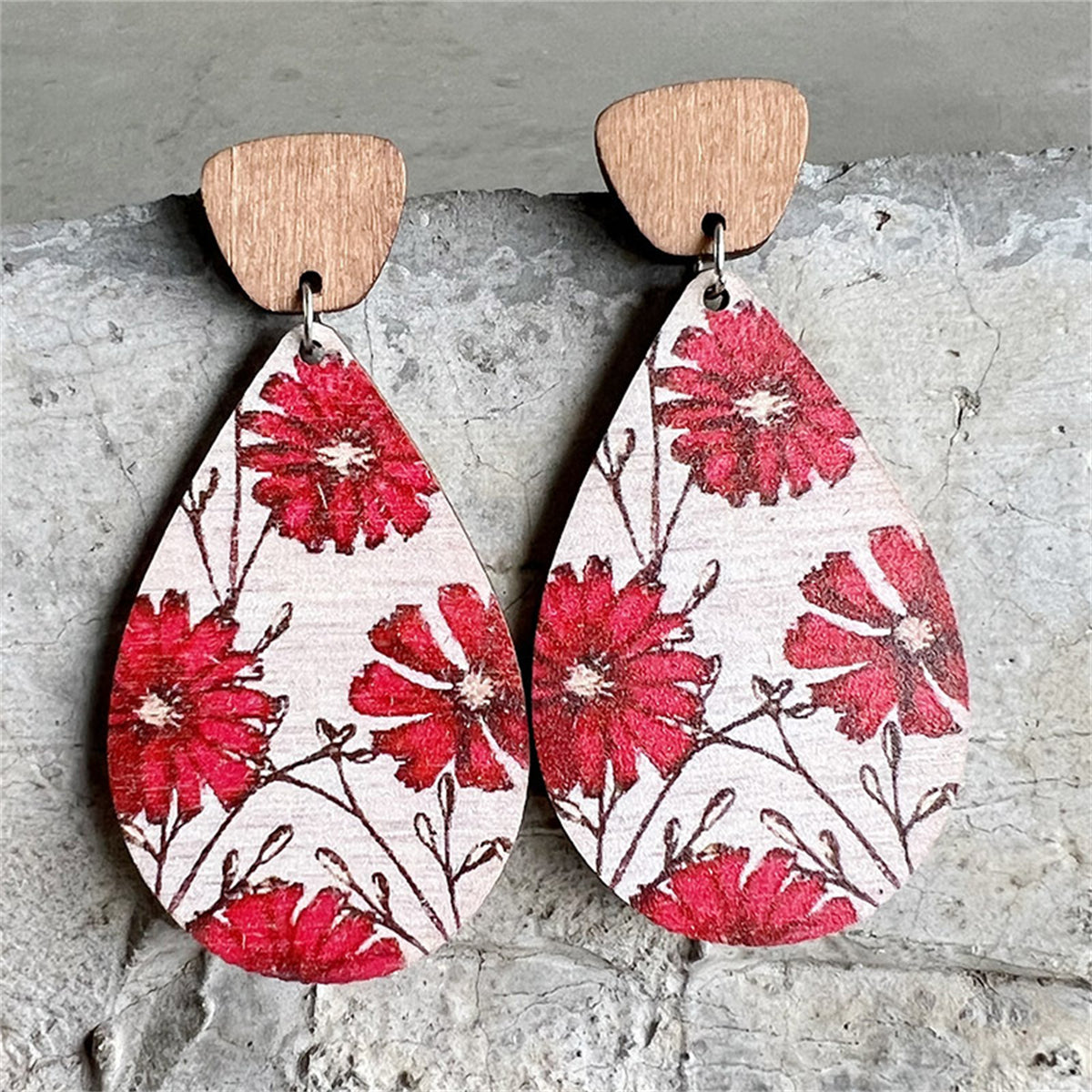 Red Plum Blossom Wood Teardrop Earrings, drop earrings for women, elegant gift for her, front view