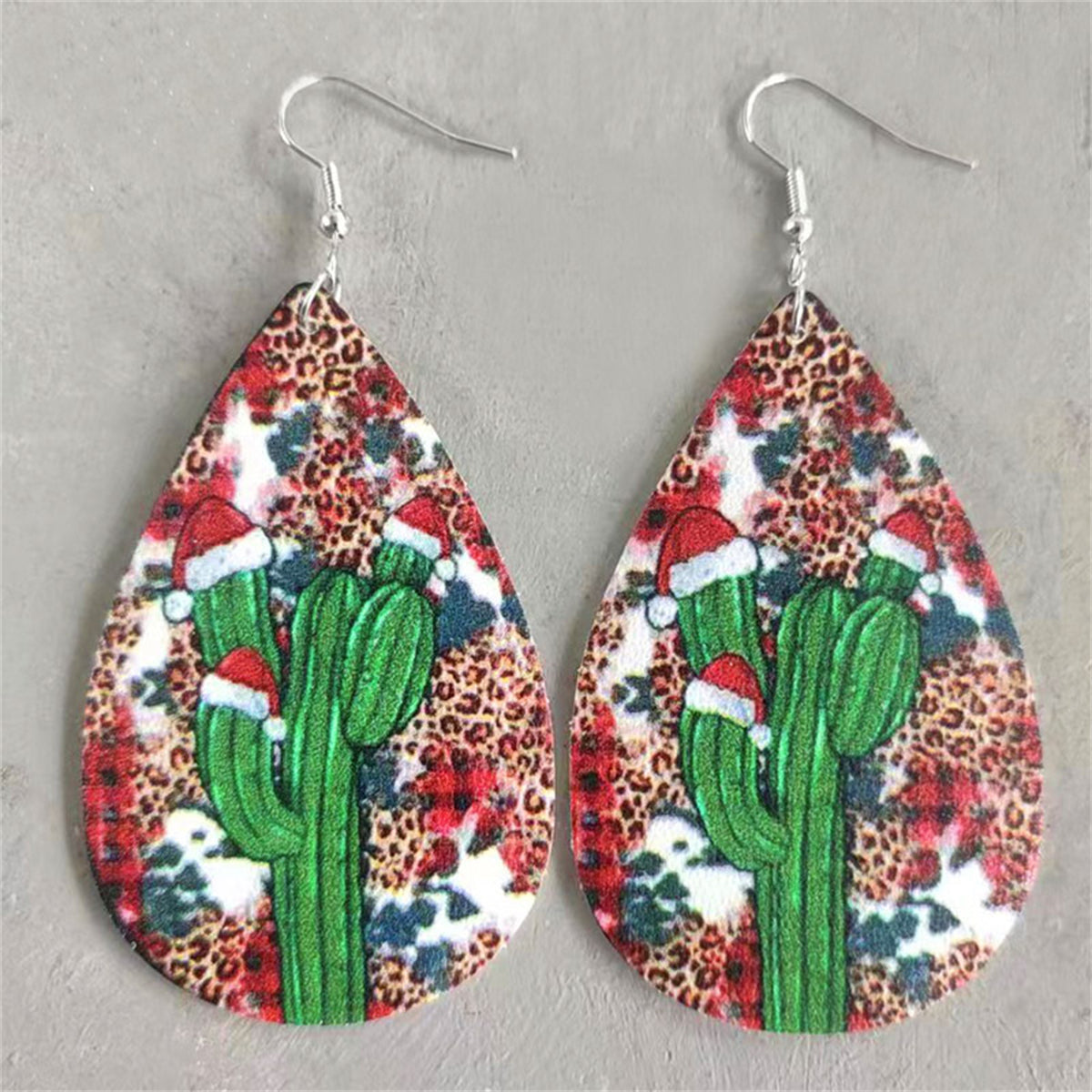 Red Leopard & Silver-Plated Santa Hat Cactus Drop Earrings