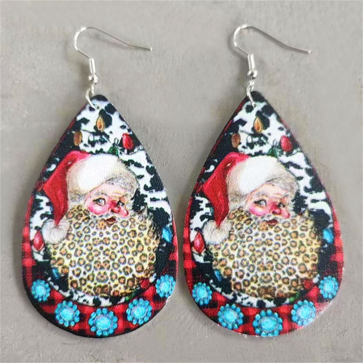 Red Multicolor Leopard & Silver-Plated Santa Drop Earrings