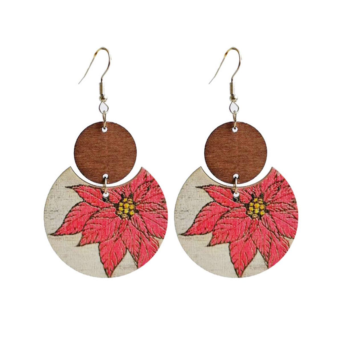 Brown Wood and Silver-Plated Plum Blossom Round Drop Earrings, silver drop earrings for women, botanical inspired, side view