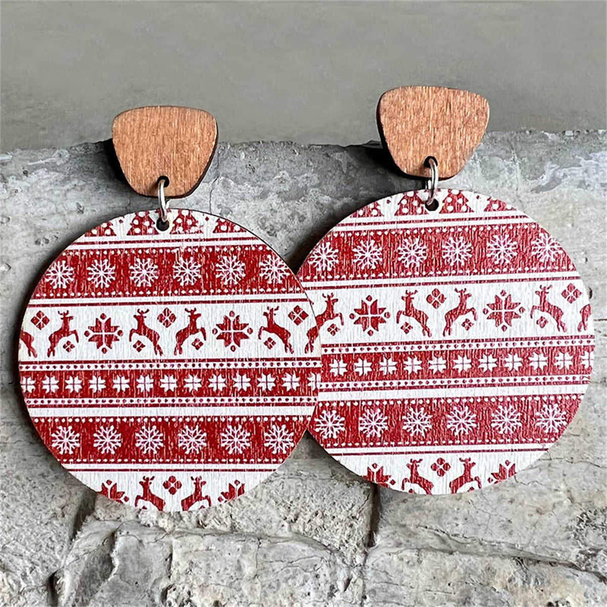 Red and White Fair Isle Wood Ornament Drop Earrings, drop earrings for women, vintage-inspired design, front view