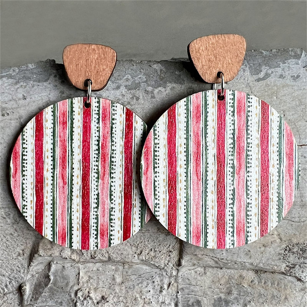 Red and Silver-Plated Stripe Round Drop Earrings, silver drop earrings for women, botanical inspired, front view