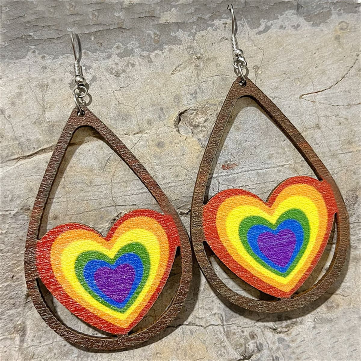 Brown Wood Rainbow Heart Drop Earrings, drop earrings for women, everyday style, front view