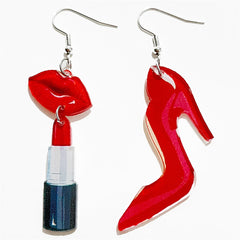 Red Asymmetrical Lipstick & Heels Drop Earrings