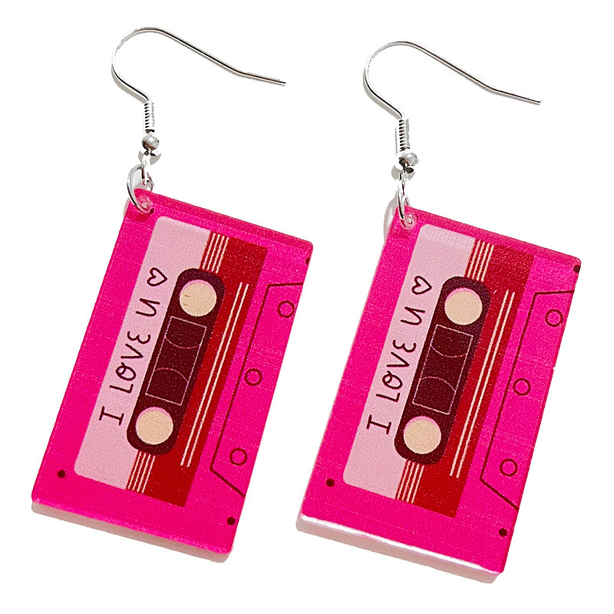 Fuchsia and Red 'I Love U' Love Song Mixtape Drop Earrings, drop earrings for women, vintage-inspired design, front view