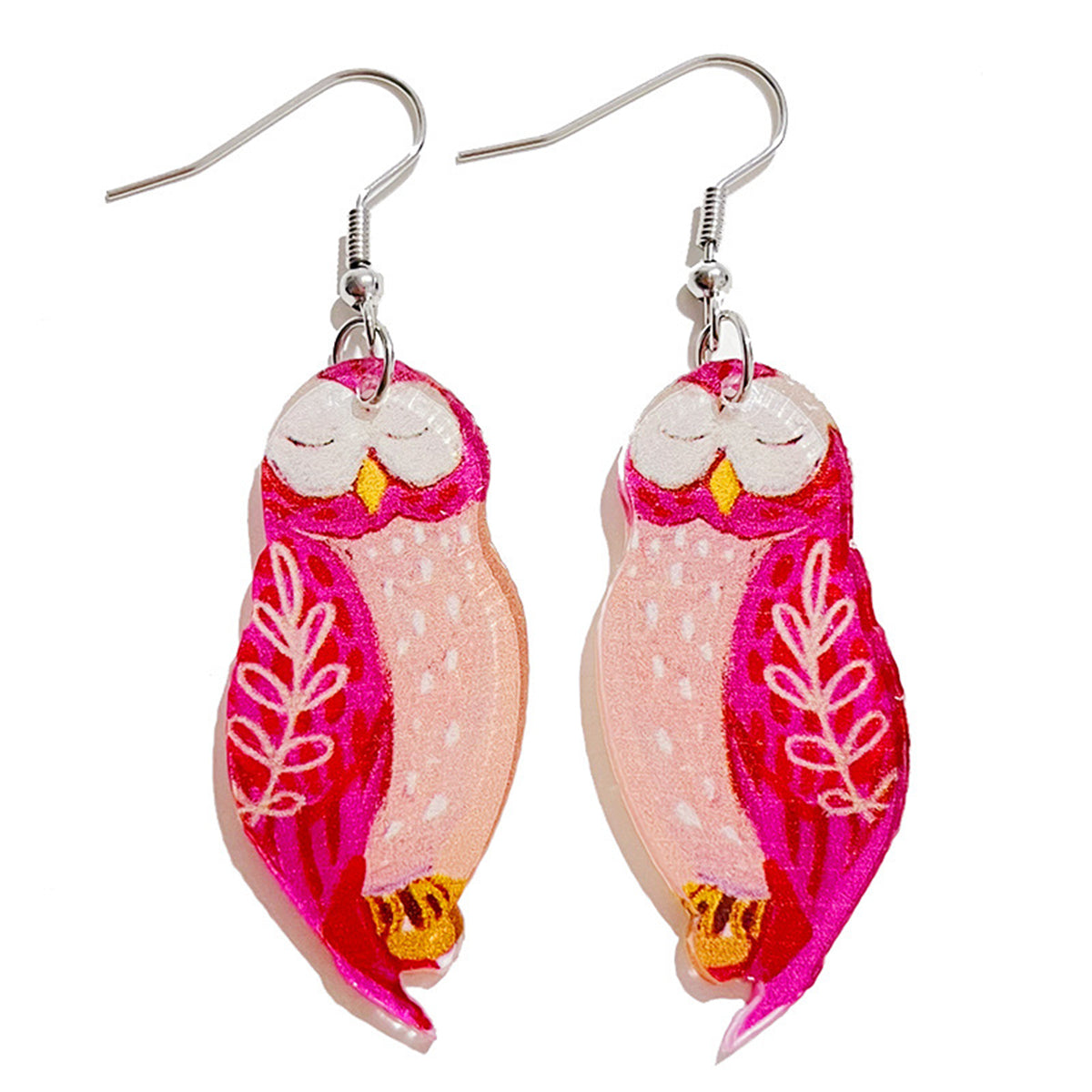 Pink Acrylic and Silver-Plated Owl Couple Drop Earrings, silver drop earrings for women, dainty minimalist design, front view