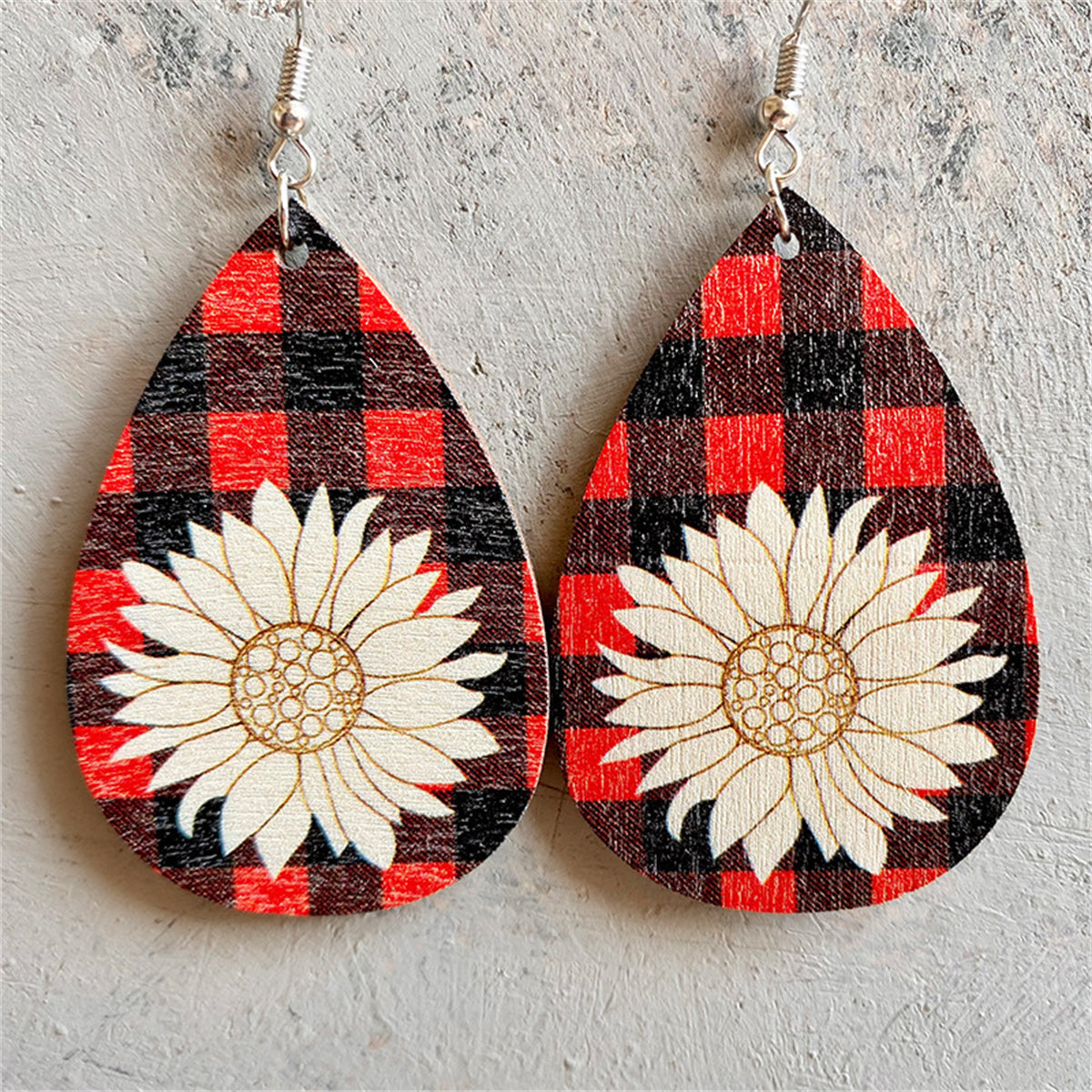 Red and Black Wood Plaid Lotus Teardrop Earrings, drop earrings for women, botanical inspired, front view