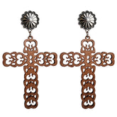 Wood & Silver-Plated Heart Cutout Cross Drop Earrings