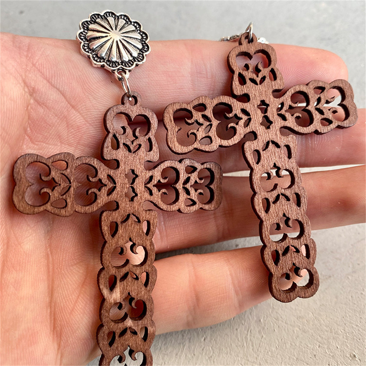 Wood and Silver-Plated Heart Cutout Cross Drop Earrings, silver drop earrings for women, detail close-up