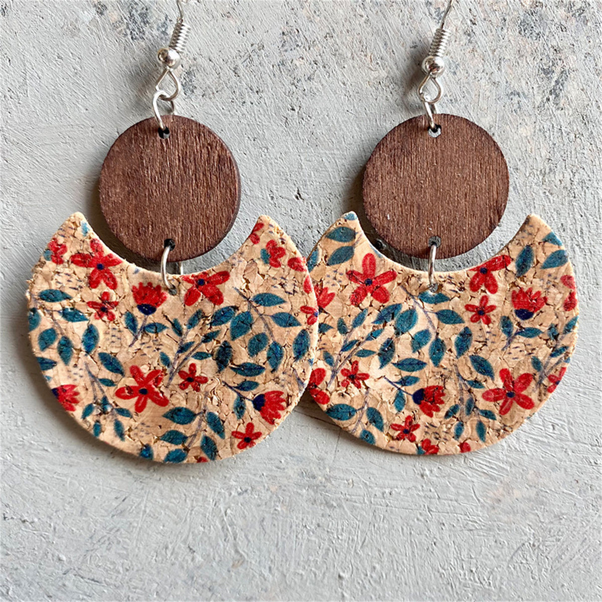 Red and Green Floral Fan Drop Earrings, drop earrings for women, everyday style, front view