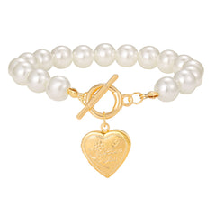 Pearl & 18K Gold-Plated Heart Charm Toggle Bracelet