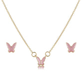 Pink Enamel & 18K Gold-Plated Butterfly Pendant Necklace & Stud Earrings