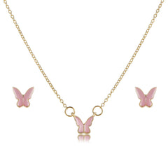 Pink Enamel & 18K Gold-Plated Butterfly Pendant Necklace & Stud Earrings