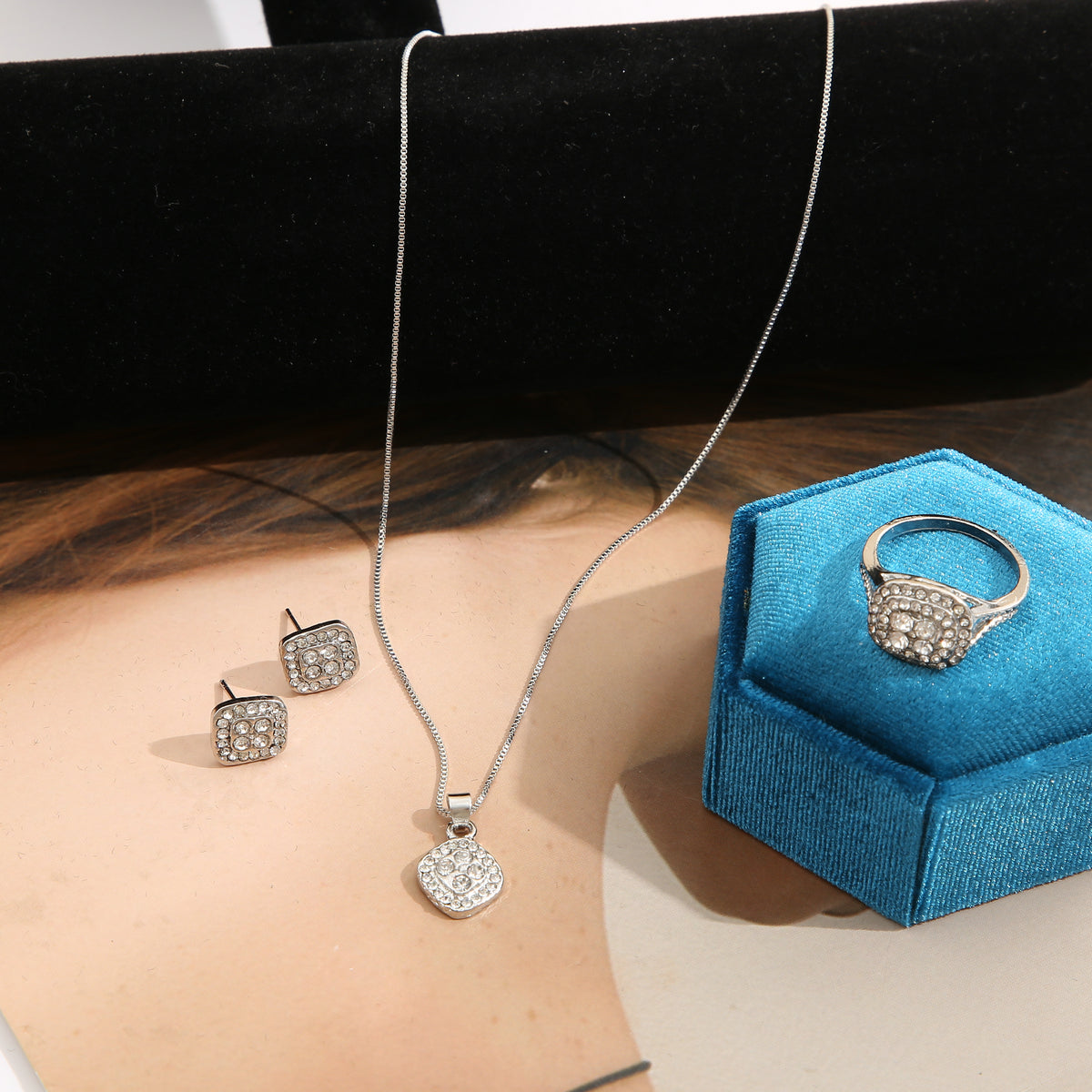 Cubic Zirconia and Silver-Plated Square Pendant Necklace Set, silver stud earrings for women, everyday style, styled look