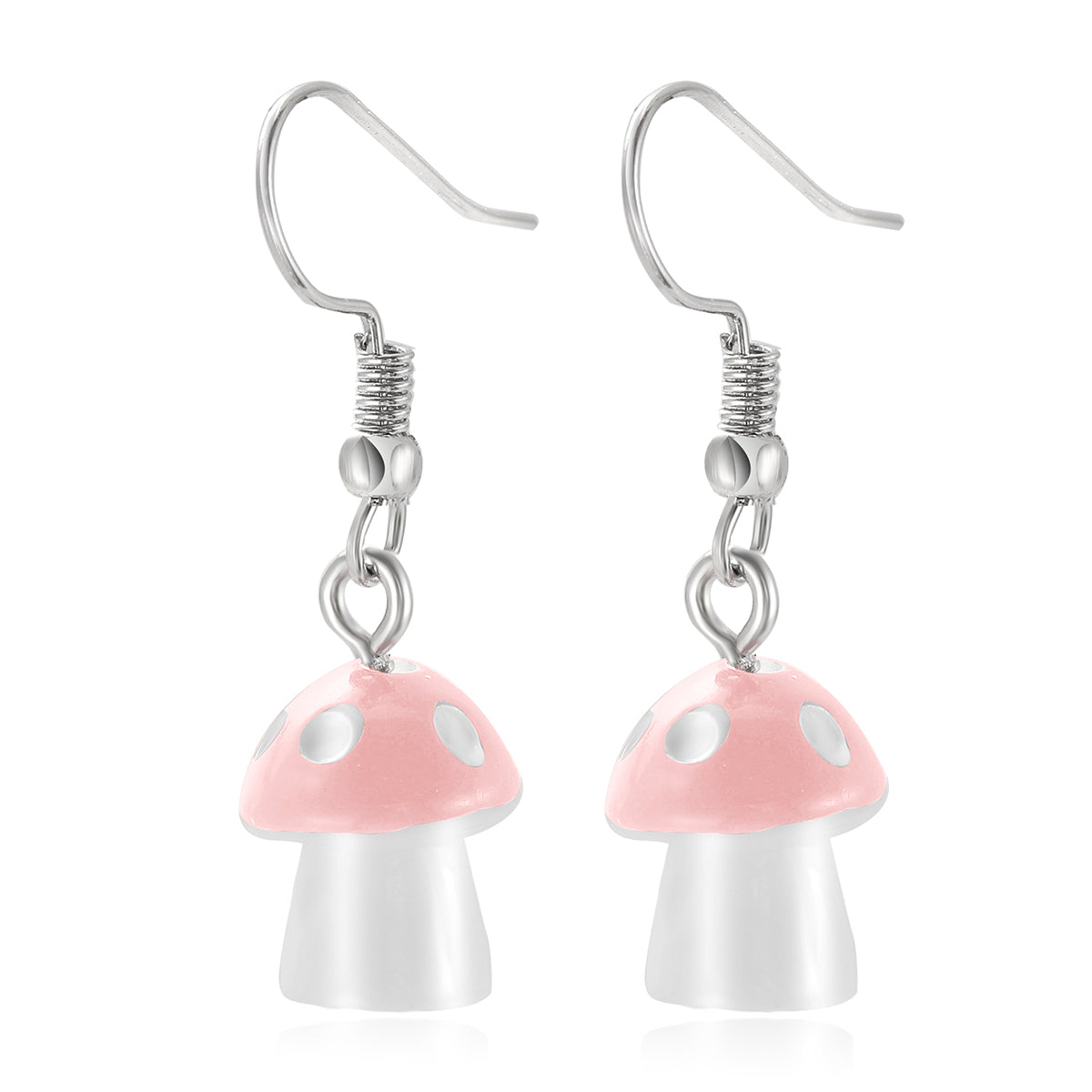 Pink Resin and Silver-Plated Dot Mushroom Drop Earrings, silver drop earrings for women, detail close-up