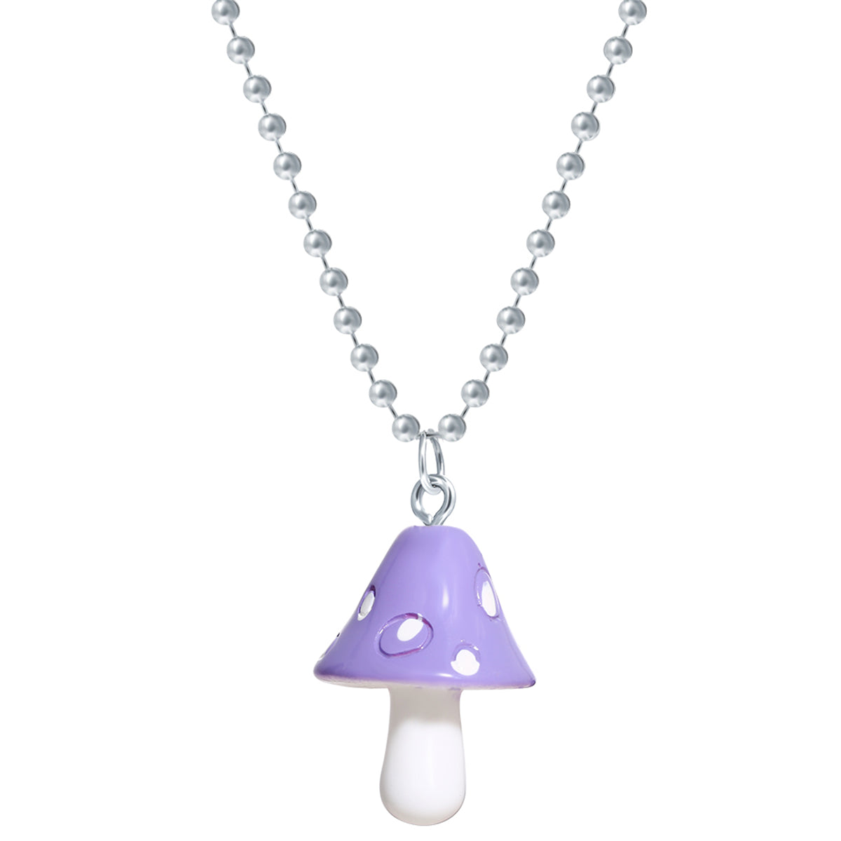 Purple Resin and Silver-Plated Ball Chain Mushroom Pendant Necklace, silver pendant necklace for women, side view