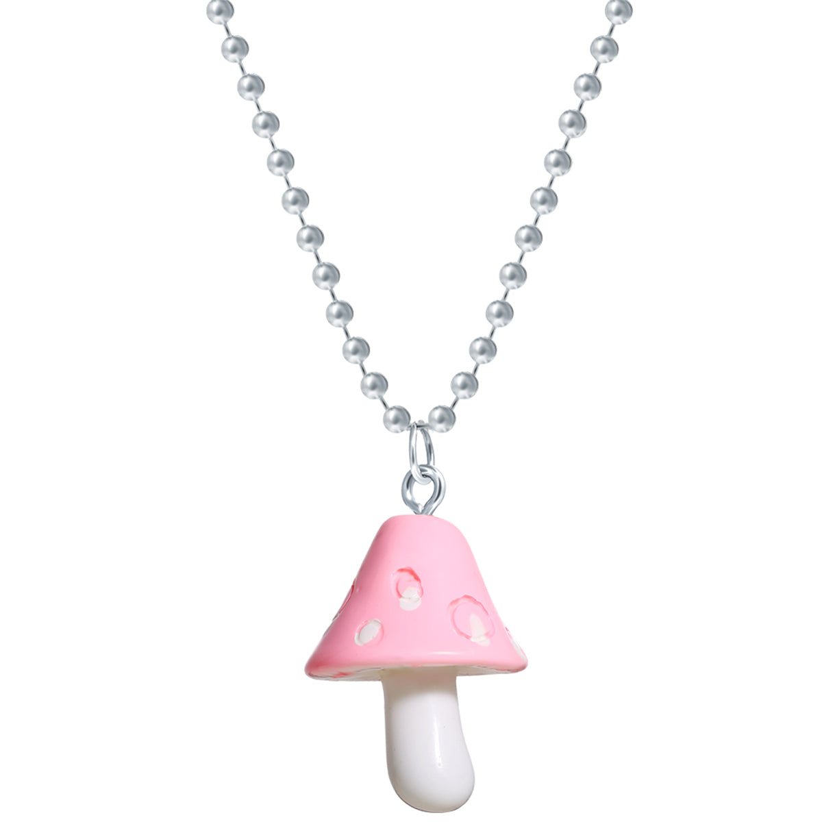 Pink Resin and Silver-Plated Ball Chain Mushroom Pendant Necklace, silver pendant necklace for women, side view