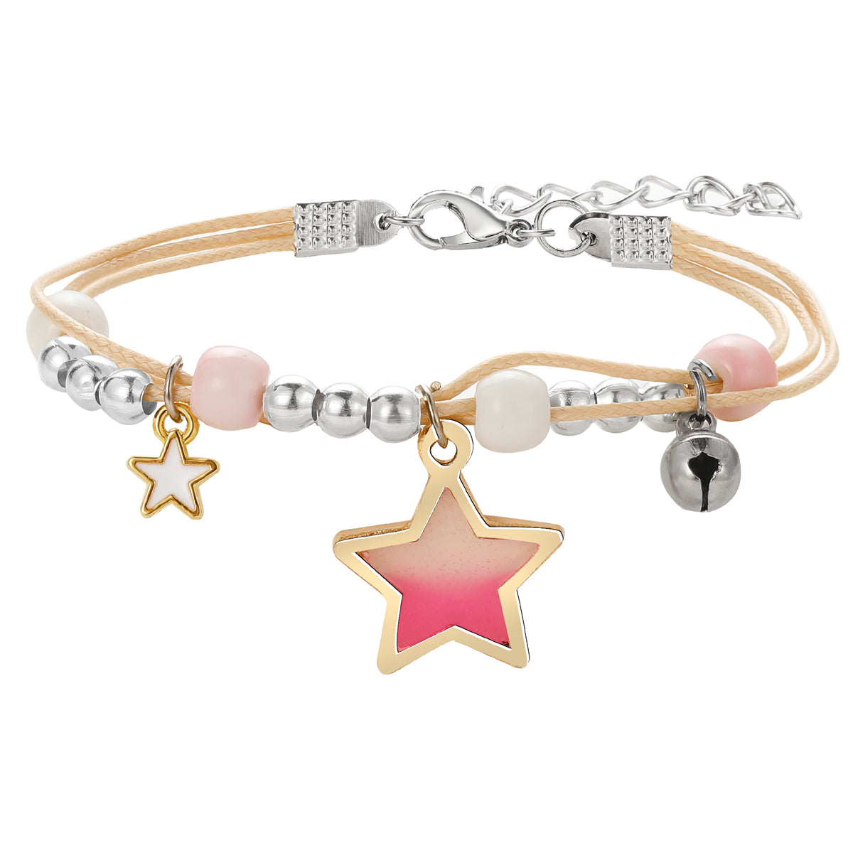Pink Enamel and Two-Tone Star Layered Charm Bracelet, bracelet for women, dainty minimalist design, detail close-up