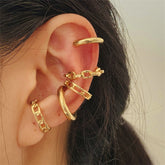 Three pairs of elegant 18K gold-plated hoop earrings, showcasing a stylish chain design for a chic accessory look.