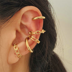 Three pairs of elegant 18K gold-plated hoop earrings, showcasing a stylish chain design for a chic accessory look.