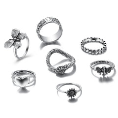 Silver-Plated Snake Bee Flower Ring Set