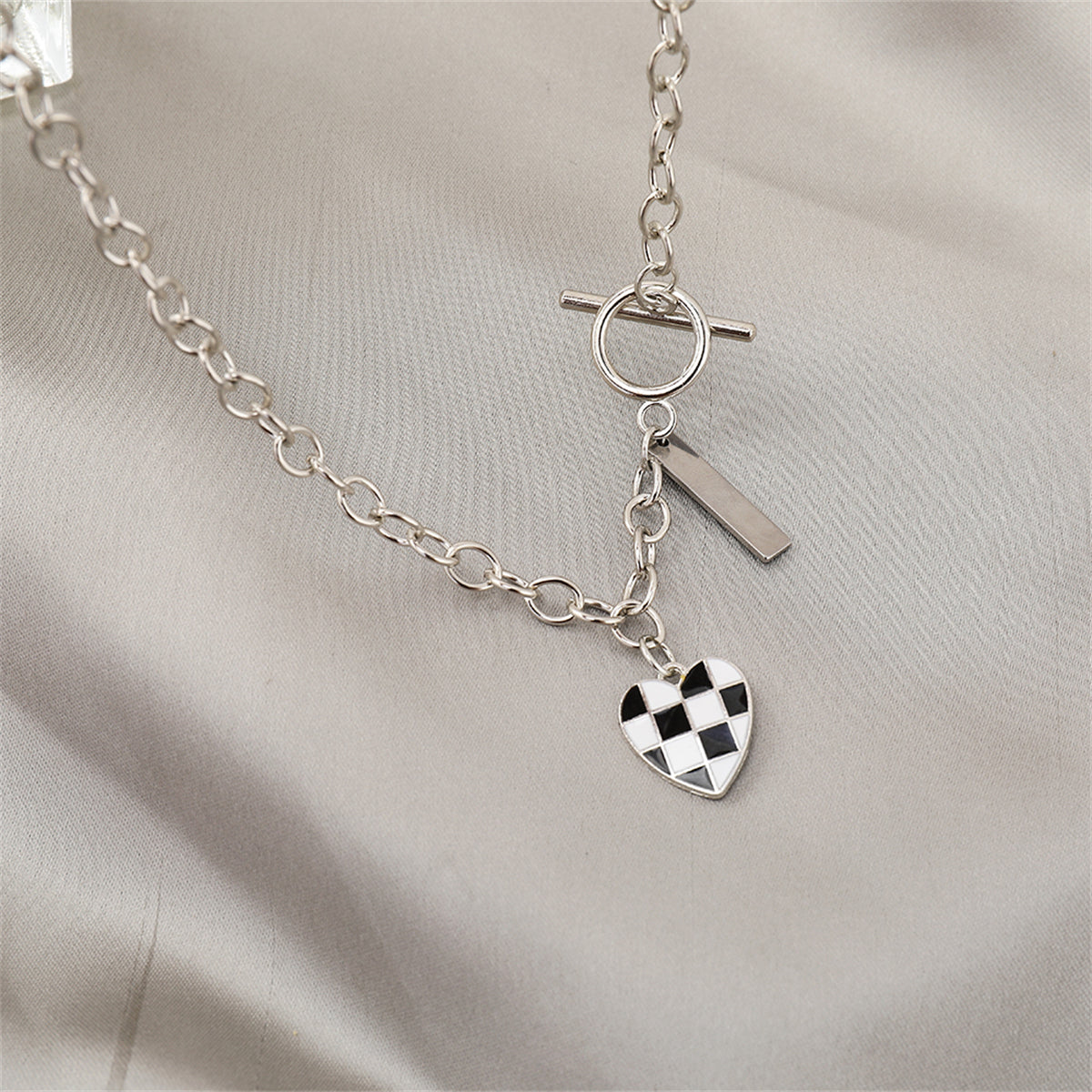 Black Enamel and Silver-Plated Checkerboard Heart Toggle Necklace, silver pendant necklace for women, styled look