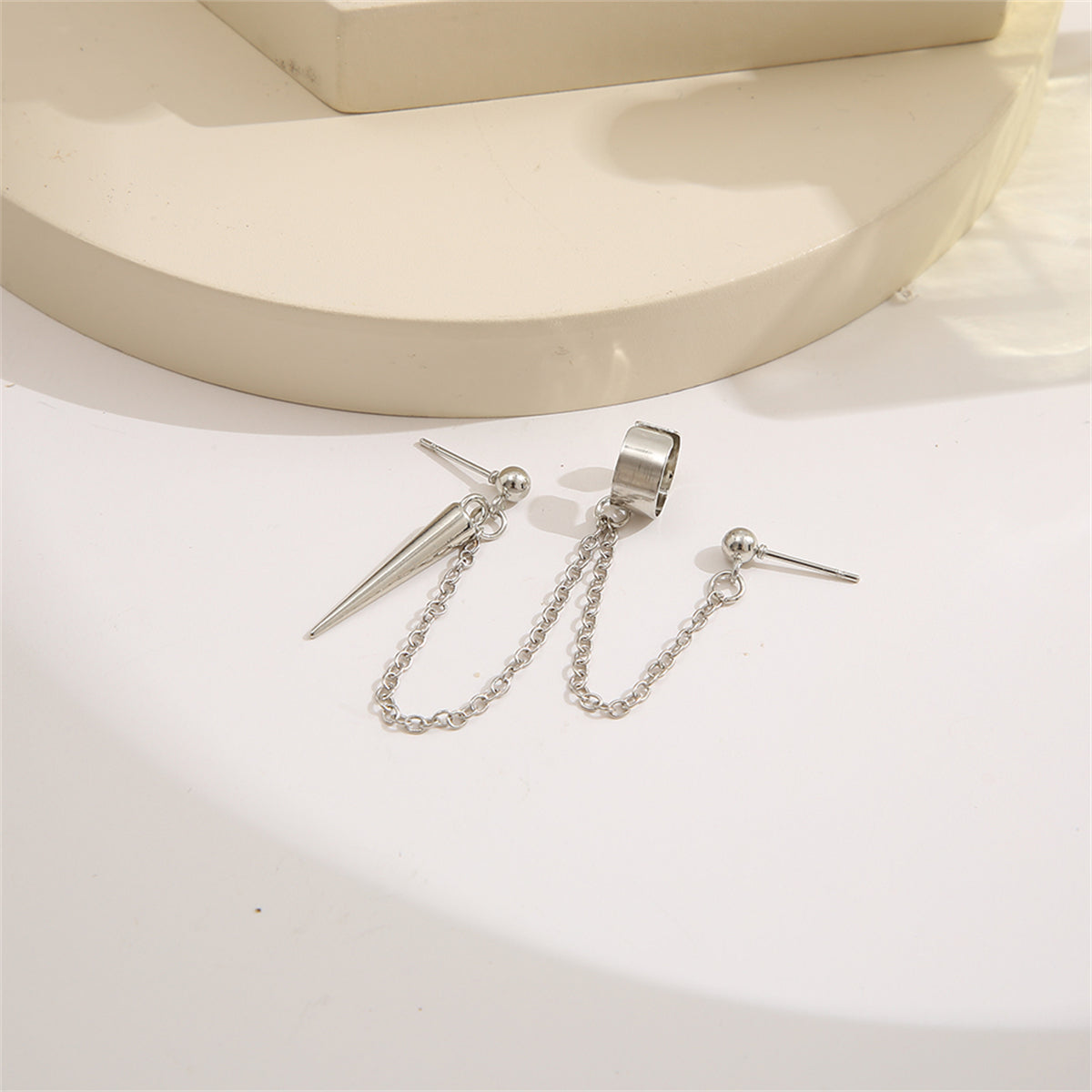 Silver-Plated Awl Dangle Earring and Ear Cuff Set, silver drop earrings for women, dainty minimalist design, styled look