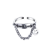 Silver-Plated 'Good Luck' Chain Smiley Ring