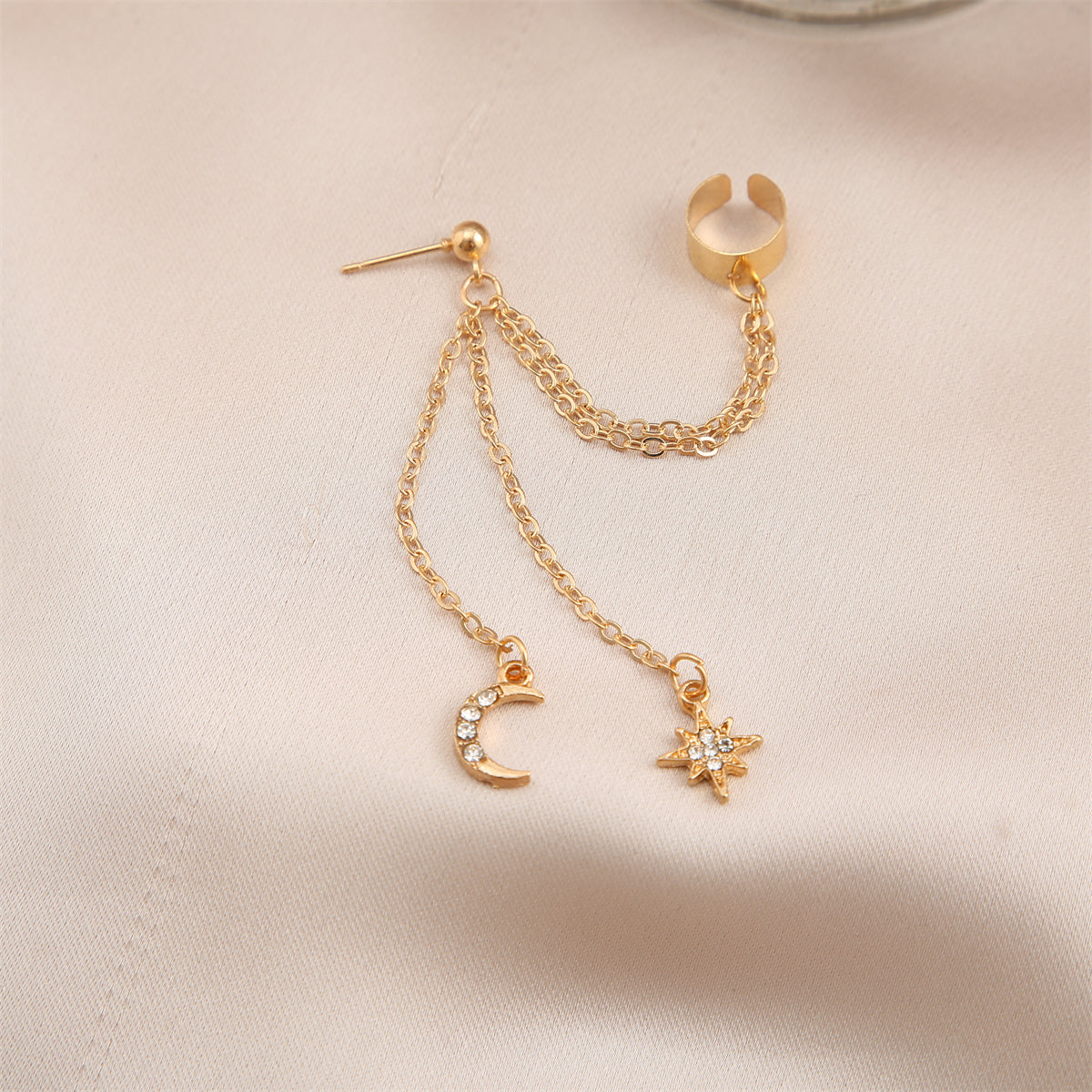 Cubic Zirconia and 18K Gold-Plated Chain Ear Cuff and Celestial Drop Earring, gold drop earrings for women, styled look