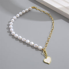 Pearl & Cubic Zirconia 18K Gold-Plated Heart Pendant Toggle Necklace