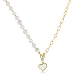 Pearl & Cubic Zirconia 18K Gold-Plated Heart Pendant Toggle Necklace
