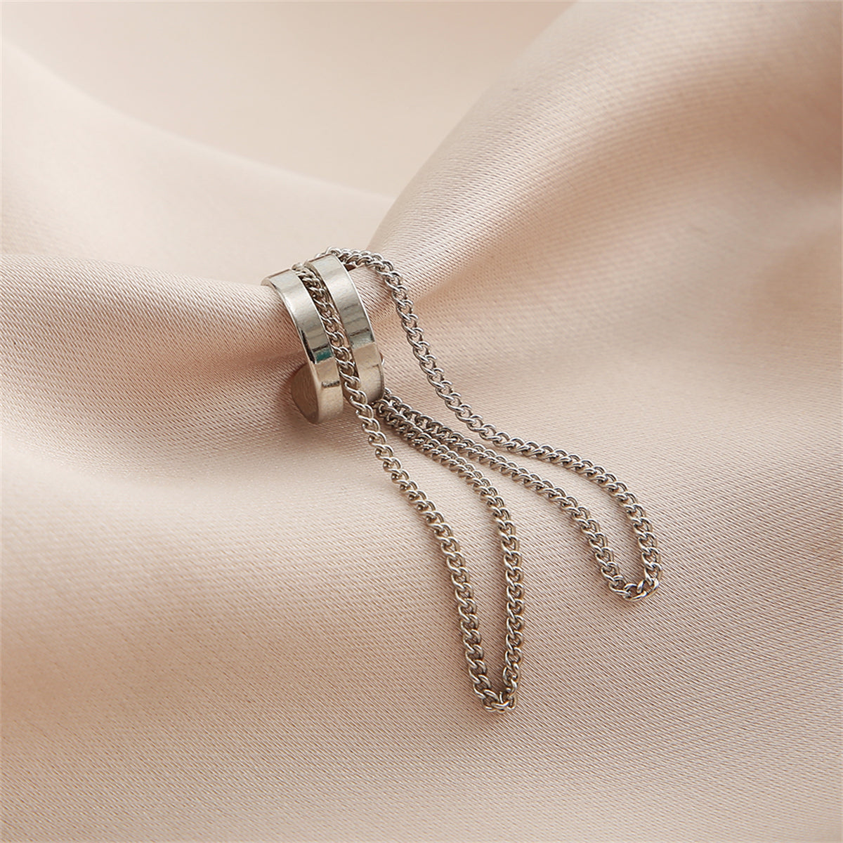 Silver-Plated Layered Chain Ear Cuff, silver drop earrings for women, everyday style, detail close-up