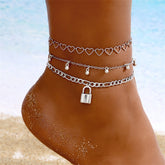 Silver-Plated Heart Chain Lock Charm Anklet Set