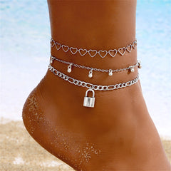 Silver-Plated Heart Chain Lock Charm Anklet Set