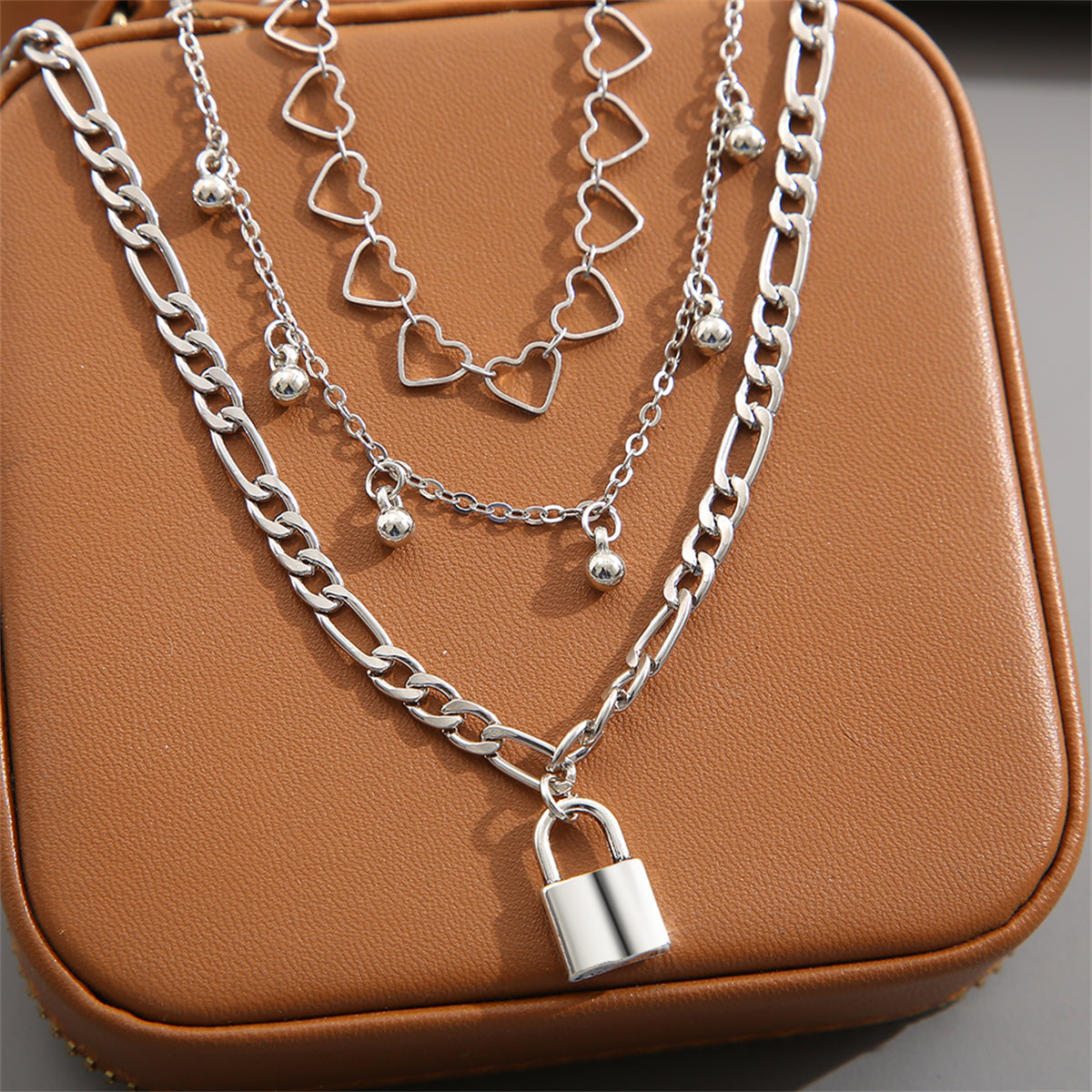 Silver-Plated Heart Chain Lock Charm Anklet Set, jewelry gift sets for women, dainty minimalist design, styled look