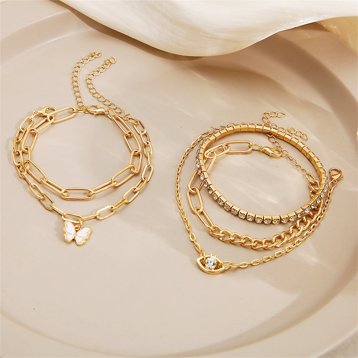 Cubic Zirconia and Enamel 18K Gold-Plated Butterfly Charm Bracelet Set, jewelry gift sets for women, styled look