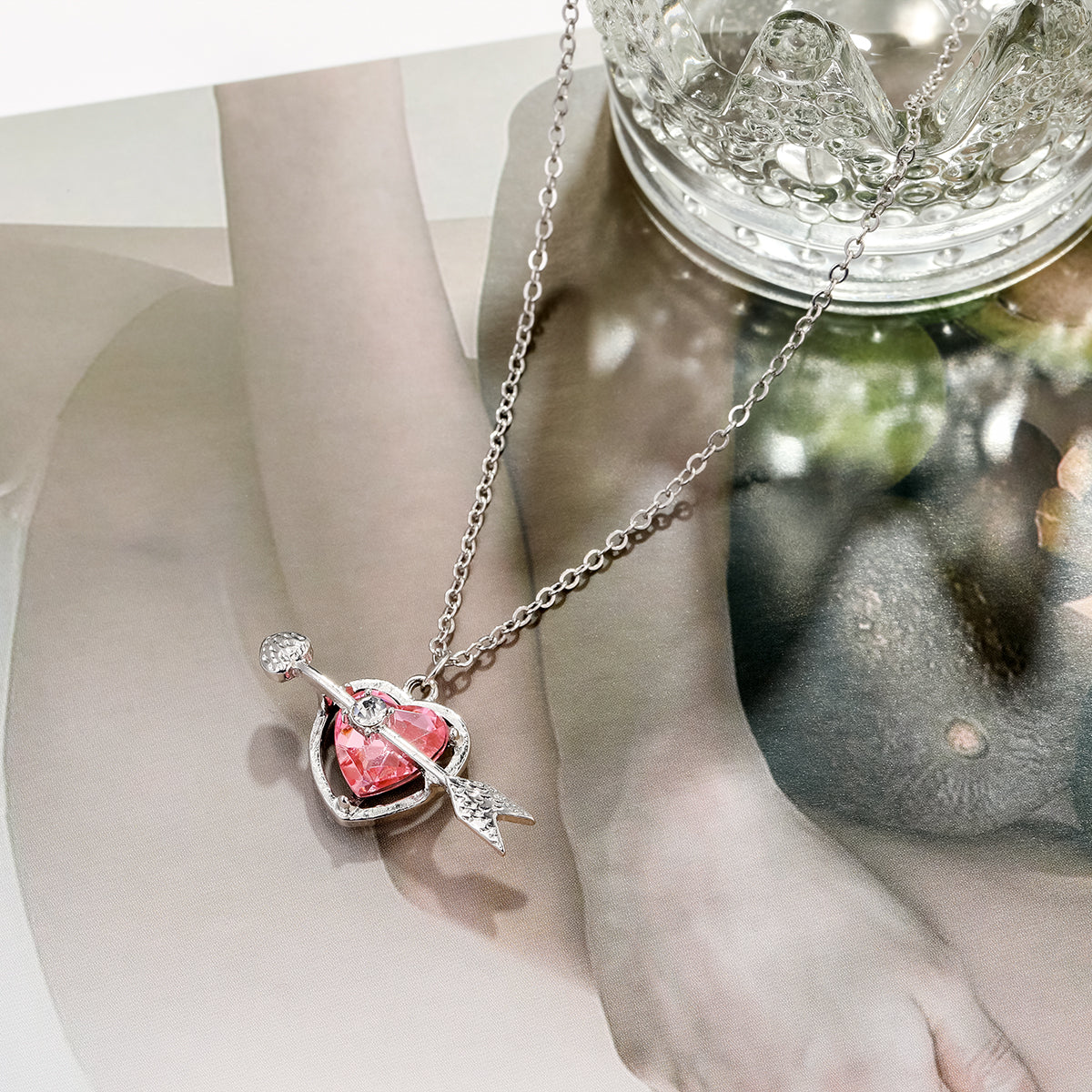 Red Crystal and Cubic Zirconia Openwork Heart Arrow Pendant Necklace, pendant necklace for women, styled look