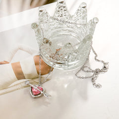 Red Crystal & Cubic Zirconia Openwork Heart Arrow Pendant Necklace