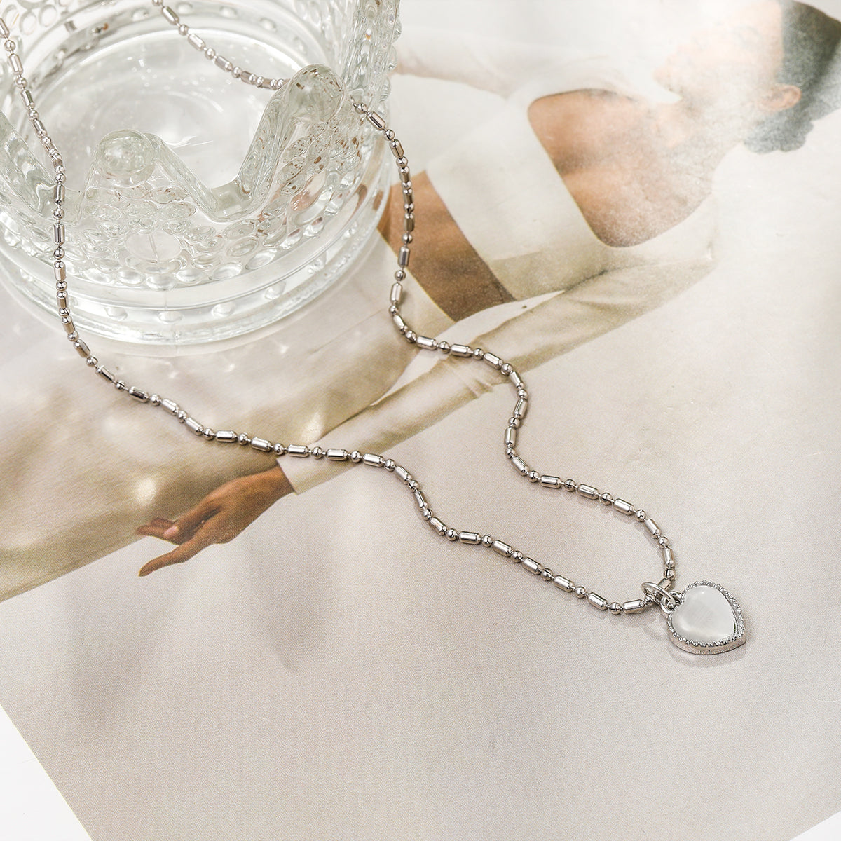 Moonstone and Silver-Plated Heart Pendant Necklace, silver pendant necklace for women, botanical inspired, styled look