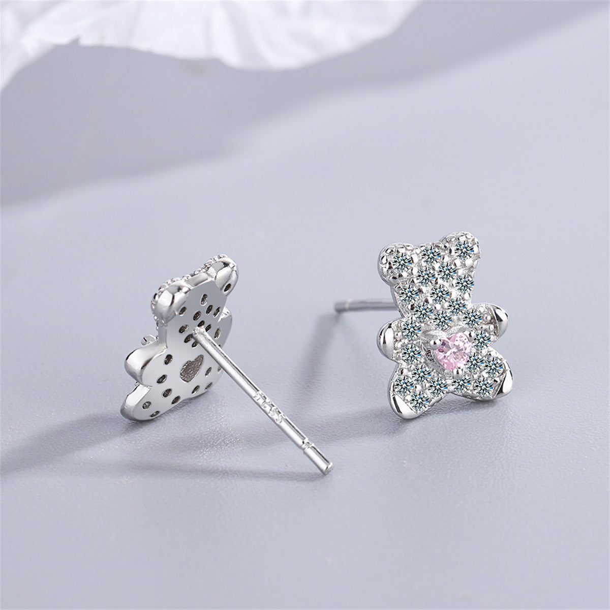 Crystal and Cubic Zirconia Heart Bear Stud Earrings, stud earrings for women, botanical inspired, lifestyle look