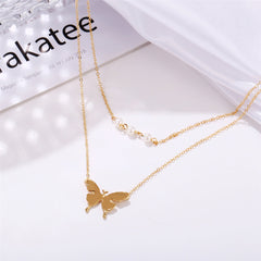 Pearl & 18K Gold-Plated Butterfly Dual-Chain Pendant Necklace