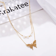 Pearl & 18K Gold-Plated Butterfly Dual-Chain Pendant Necklace