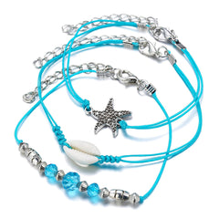 Blue Polyster & Pukka Shell Silver-Plated Starfish Anklet Set