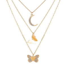 Cubic Zirconia & 18K Gold-Plated Moon Butterfly Layered Pendant Necklace